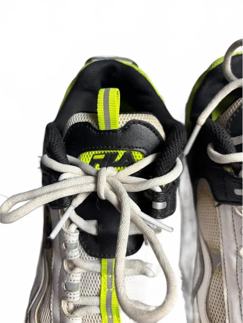 Fila unisex Athletic Sneakers White Black and Neon Yellow